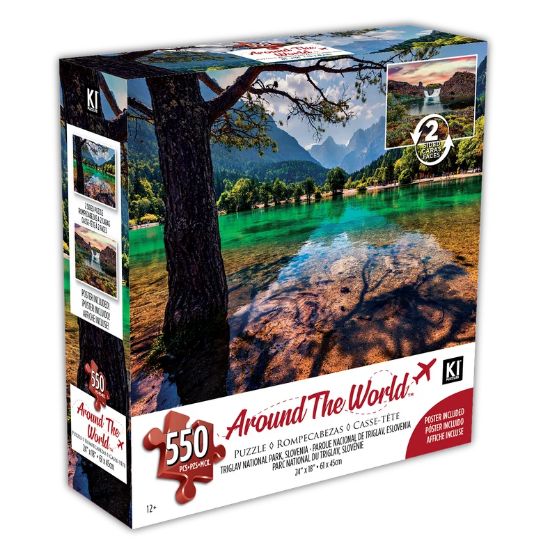 PFG Around The World (2-sided) - Triglav National Park, Slovenia - Hjalparfoss Waterfall, Iceland (550pcs) (Usage/Used - PUZZLES FOR GOOD)