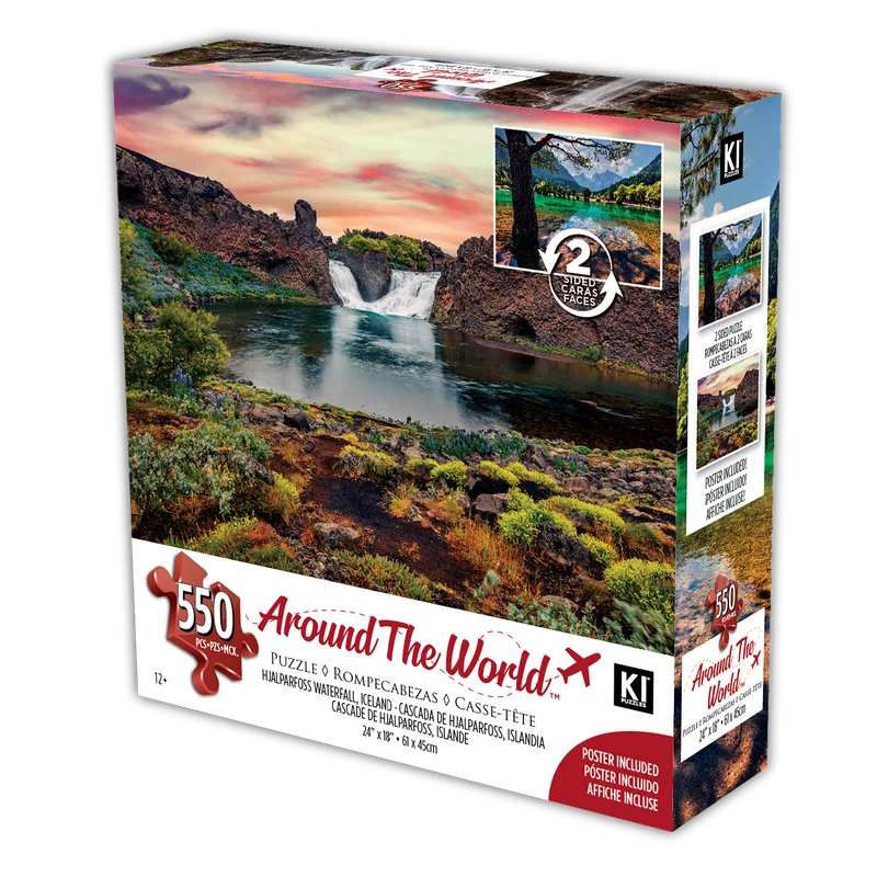 PFG Around The World (2-sided) - Triglav National Park, Slovenia - Hjalparfoss Waterfall, Iceland (550pcs) (Usage/Used - PUZZLES FOR GOOD)