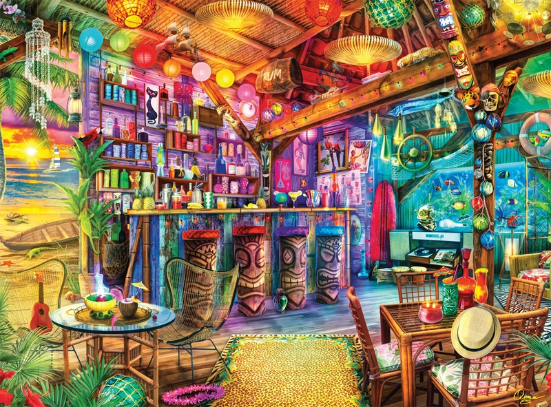 PFG Tiki Beach Sunset, Aimee Stewart (1000pcs) (Usage/Used - PUZZLES FOR GOOD)