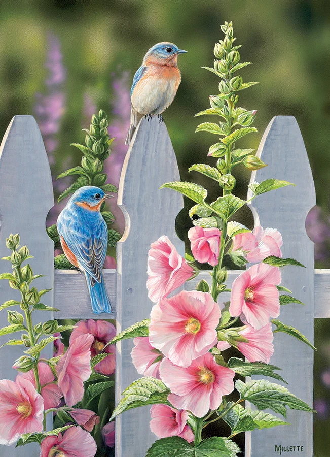 Bluebirds and Hollyhocks, Rosemary Millette