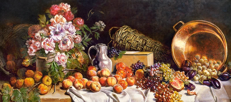 Still Life with Flowers and Fruit on a Table