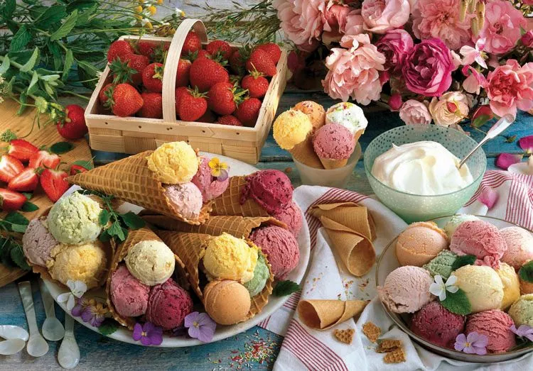 Variety of Ice Creams with Strawberries and Roses