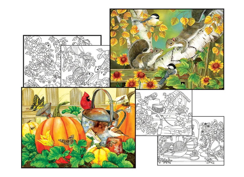 October Garden + Autumn Romance, Jane Mayday (2 Puzzles + 4 Coloring Pages)