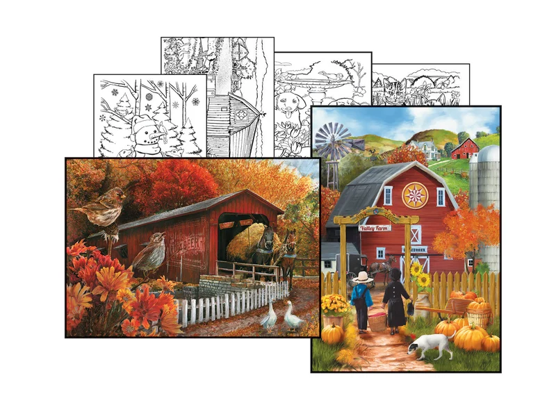 Valley Farm + The Old Covered Bridge, Tom Wood (2 Puzzles + 4 Coloring Pages)